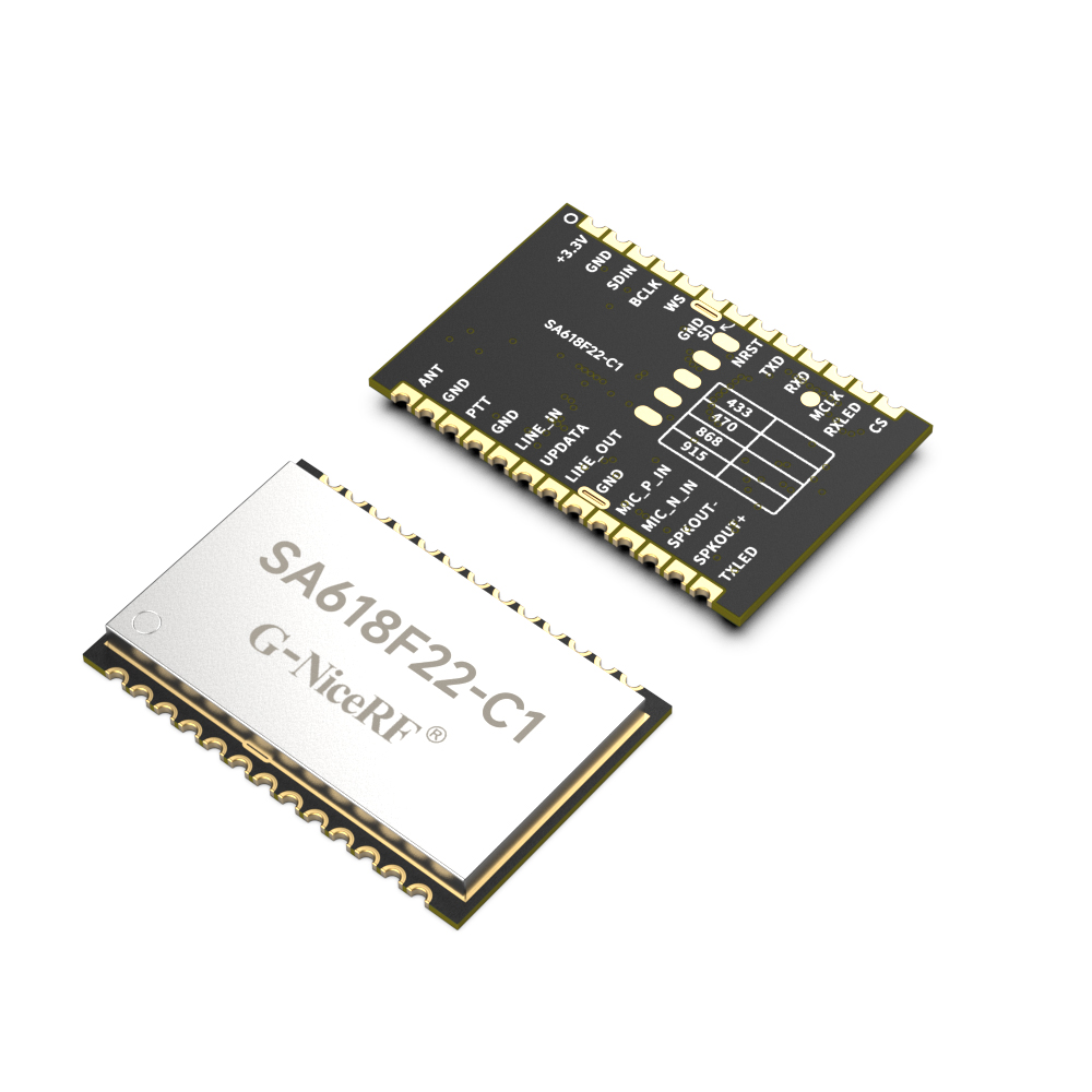 SA618F22-C1是我司一款升級(jí)版的無(wú)線(xiàn)數(shù)字和音頻二合一的全雙工傳輸模塊，具有更短的延時(shí)時(shí)間，同時(shí)支持8人同時(shí)高音質(zhì)通話(huà)。模塊支持多路并發(fā)并收功能，支持多級(jí)的中繼遠(yuǎn)傳、空中升級(jí)或者串口升級(jí)。模塊采用了寬帶擴(kuò)頻技術(shù)，具有功耗低、距離遠(yuǎn)、頻率調(diào)節(jié)靈活等特點(diǎn)。